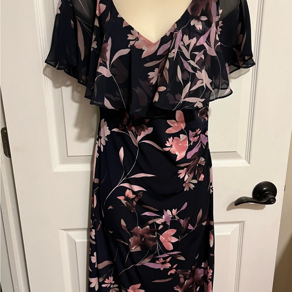 Connected Apparel Black and Pink Floral Midi Dress